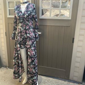 Ladies long sleeve split front overlay Romper floral boho festival freebird